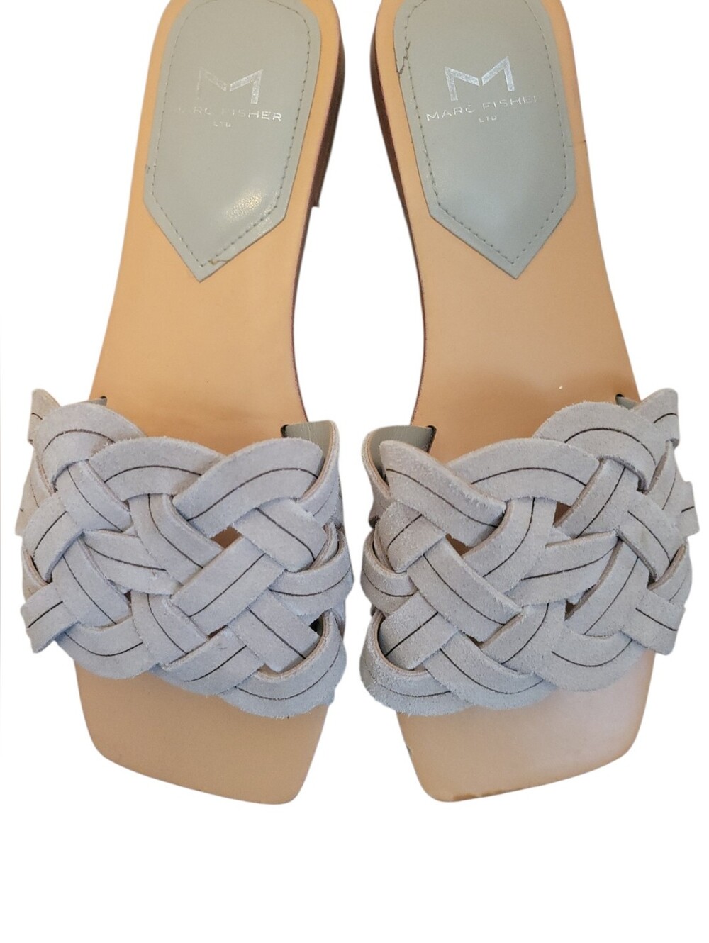 Marc Fisher Woven Suede Slide Sandals Gray Square Toe Minimalist Chic 6.5M - Picture 2 of 7